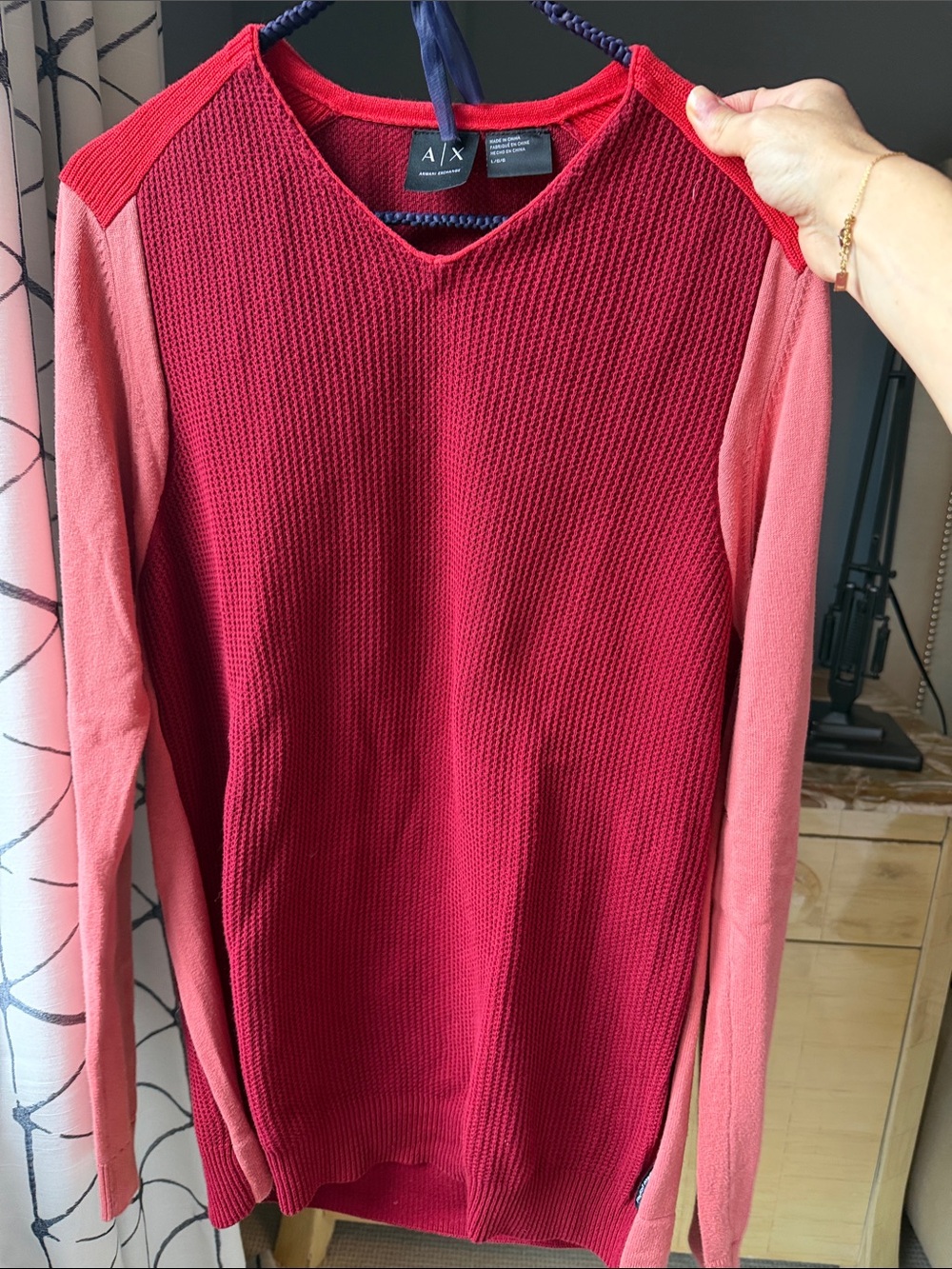 Armani Exchange Two-Tone Red and Pink V-Neck Sweater